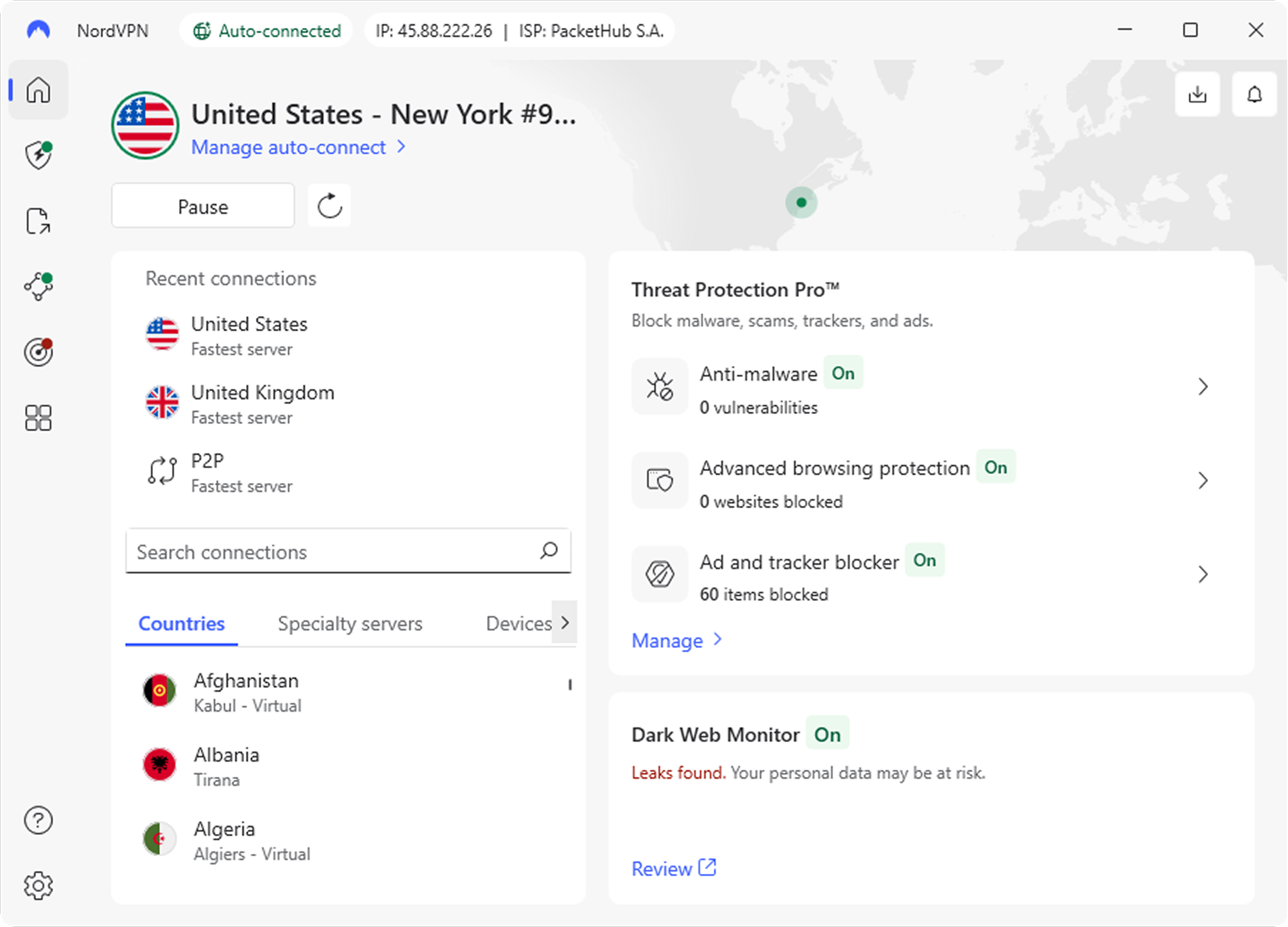 NordVPN Windows 앱 연결 화면